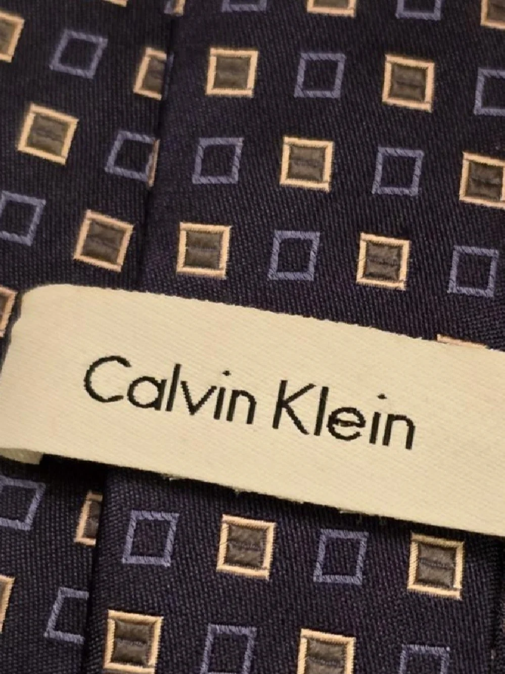 Calvin Klein Silk Tie Navy Blue Gold Geometric Squares Mens Necktie
